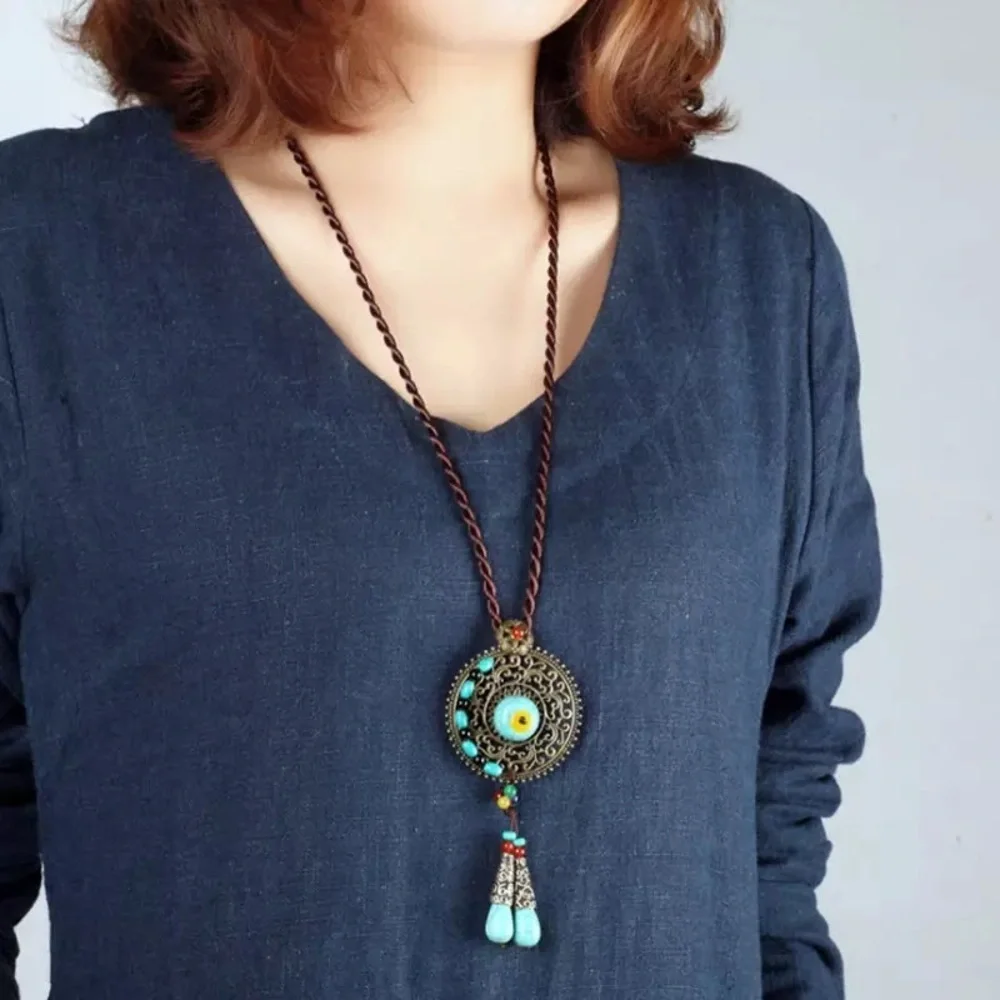 Set of Necklace and Earrings Bohemian Indian Braided Rope Dangle Blue Stone